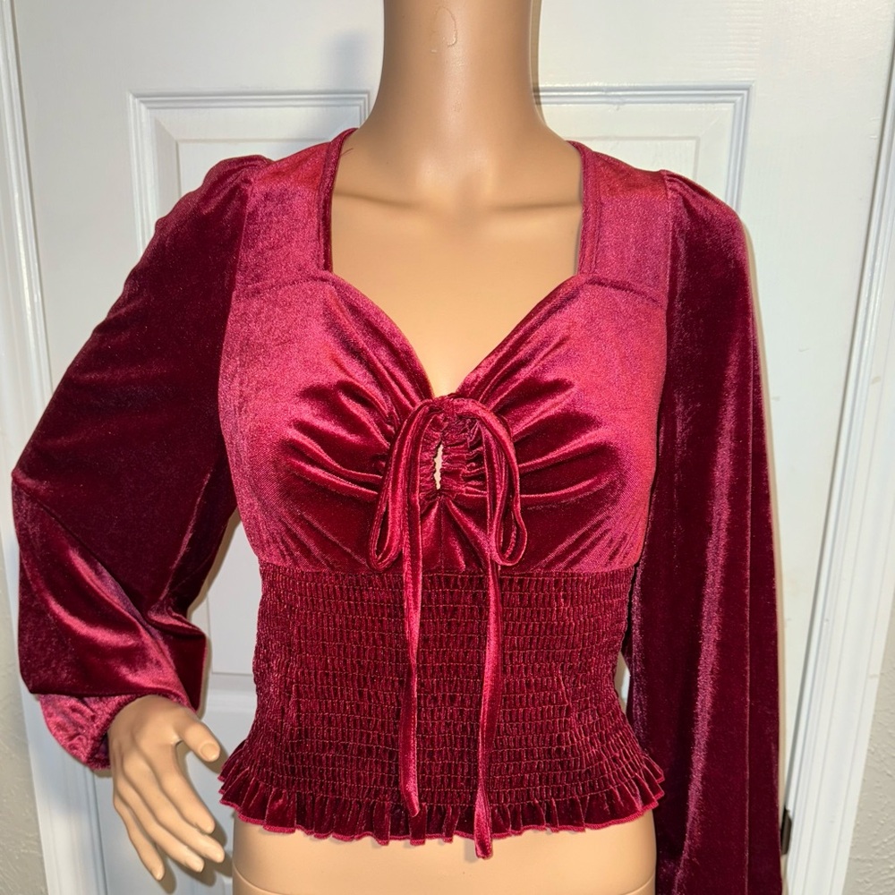 SHEIN Burgundy Red Smocked Long Sleeve Crop Top  Blouse Tied Front Size  1XLarge